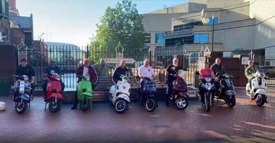 Scooter riders meet up at Black Sabbath bench on fund-raising tour for Acorns